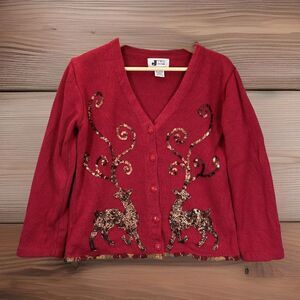 Vintage Holiday Cardigan Sweater Sz S Red Sequined Reindeer Tapestry Trim